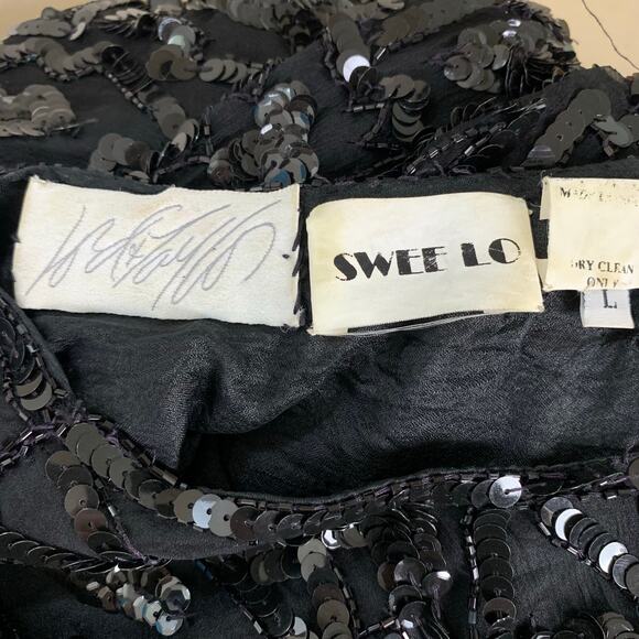 Vintage Sweet Love Black Silk Beaded Sequin Dress Sheer Sleeves L Whimsy Goth - Picture 11 of 12